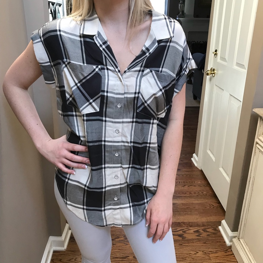 Black/White/Grey, plaid button up shirt.